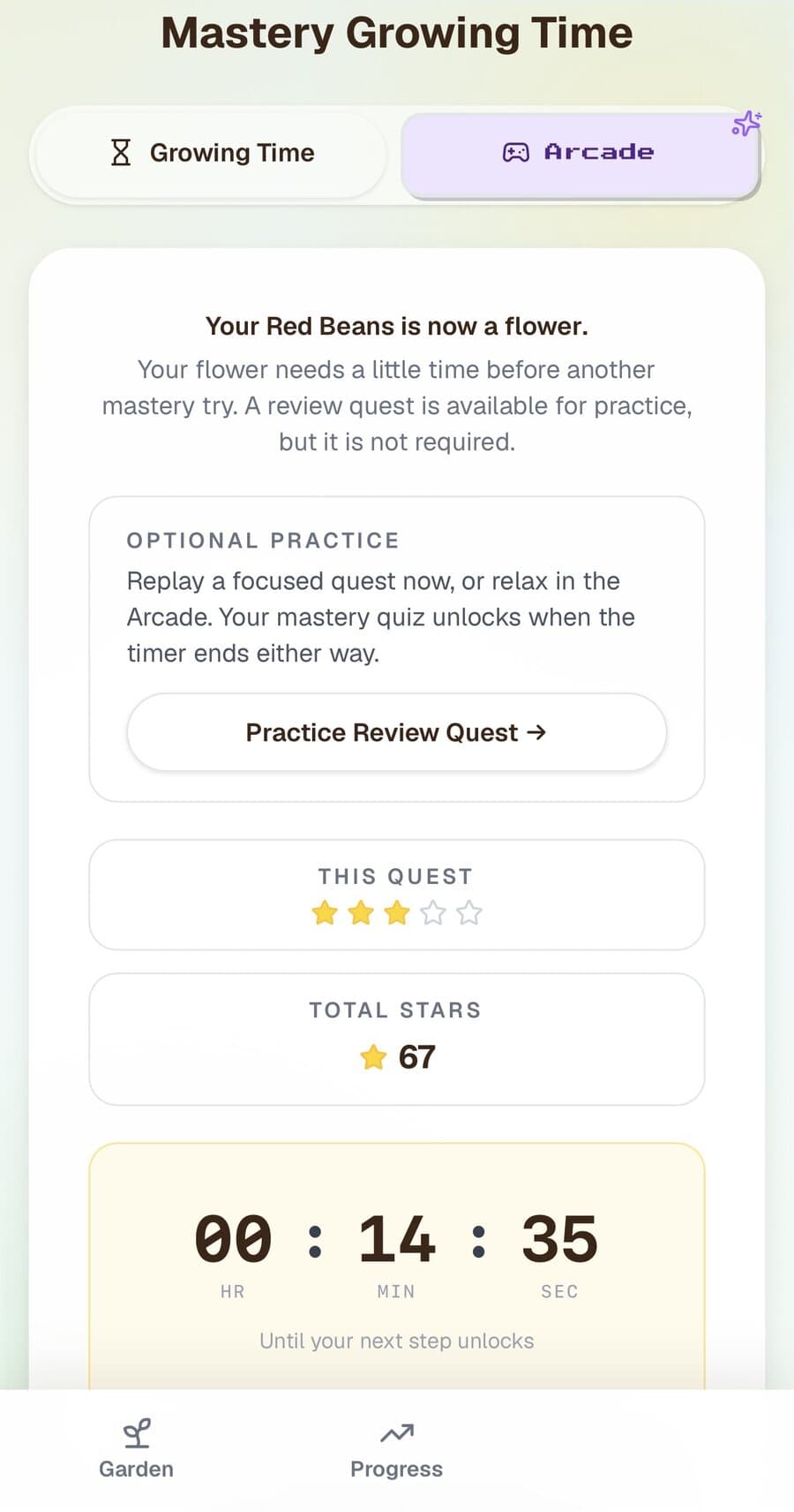 Mastery Garden Growing Time screen offering review practice or the Mastery Arcade