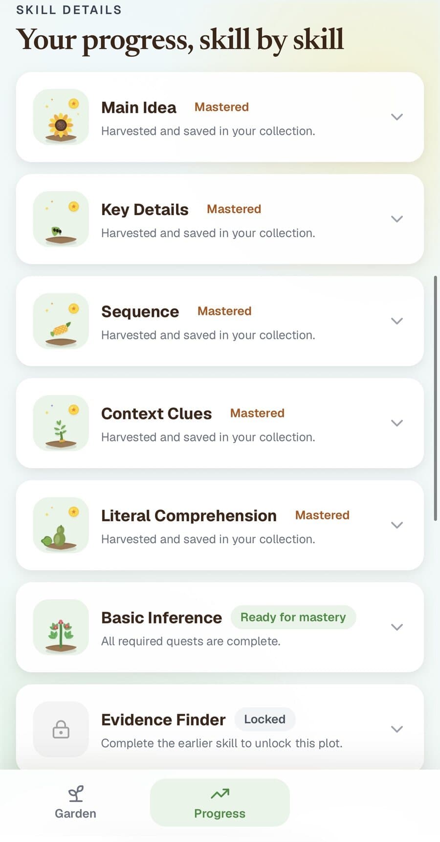 Mastery Garden skill progress screen showing mastered, ready, and locked literacy skills