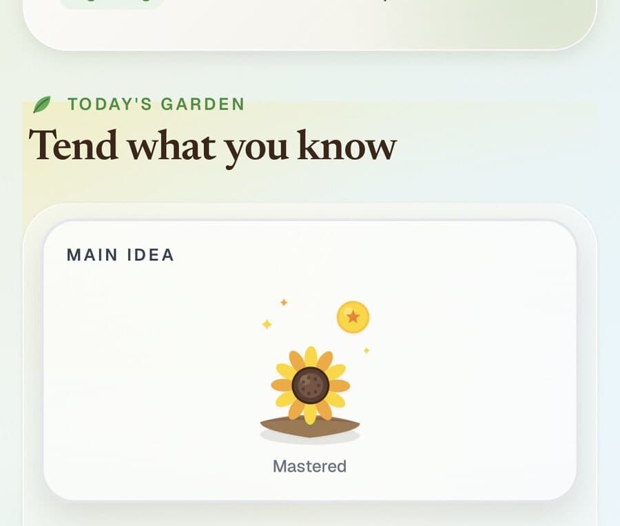Mastery Garden student view showing mastered literacy skills growing as crops